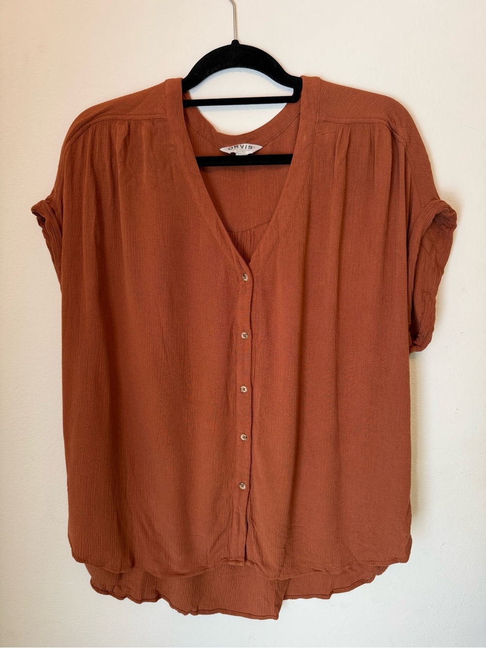 Orvis Crinkle Gauze V-Neck Button Front Blouse Size XL Rust Orange